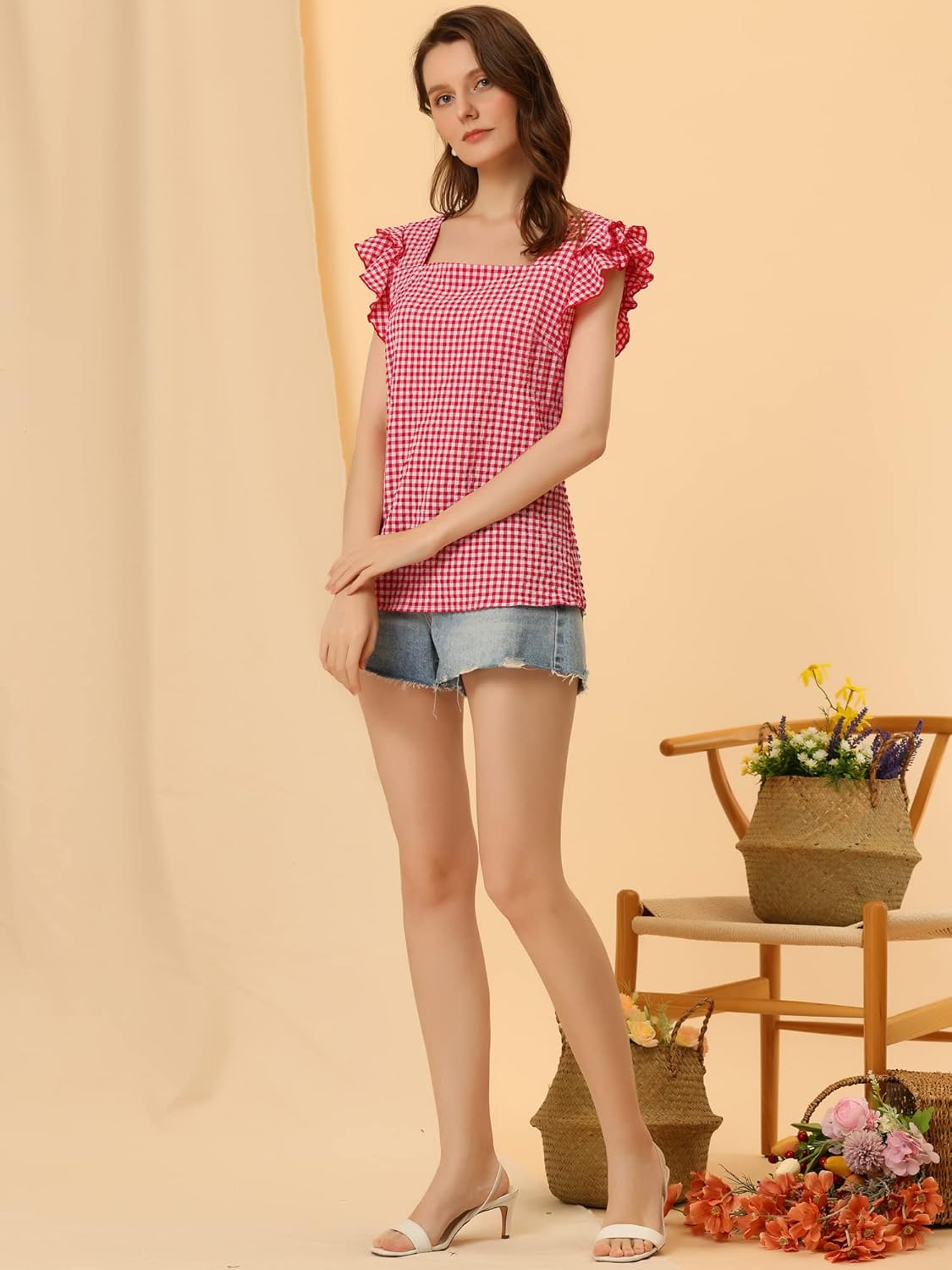 Allegra K Gingham Tops for Women Summer Ruffle Cap Sleeve Square Neck Plaid Blouses Shirt Summer Outfits - Image 3