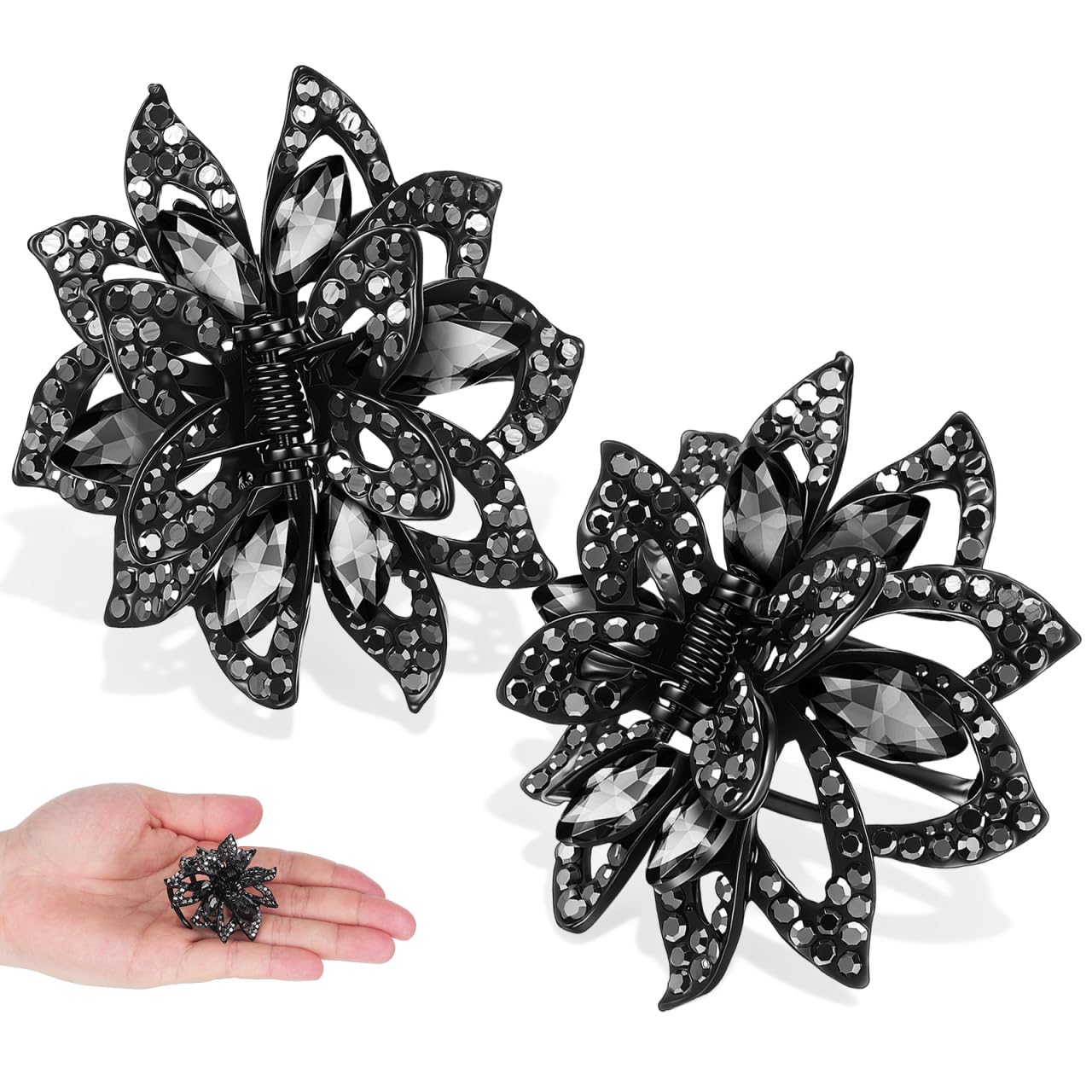 FRCOLOR 2pcs Rhinestone Claw Hair Clips for Women and Girls Decorative Small Flower Hair Claw Clips for Thick and Fine, Black