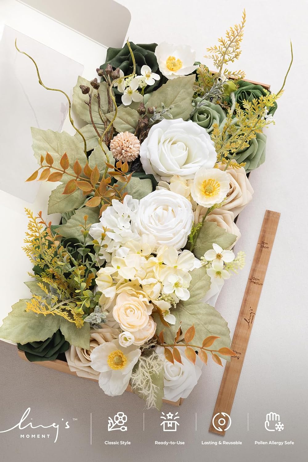 Ling's moment Green Flowers Artificial, Emerald Green & Beige Flowers and Greenery Deluxe Combo Box Set for DIY Wedding Bridal Bouquet, Centerpieces, Home Decor, Floral Arrangement Decor, etc. - Image 4