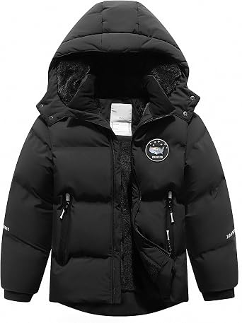 Kids Boys Winter Coat Fleece Lined Waterproof Jacket Puffy Cotton Coat Thick Hooded Down Outdoor Coats