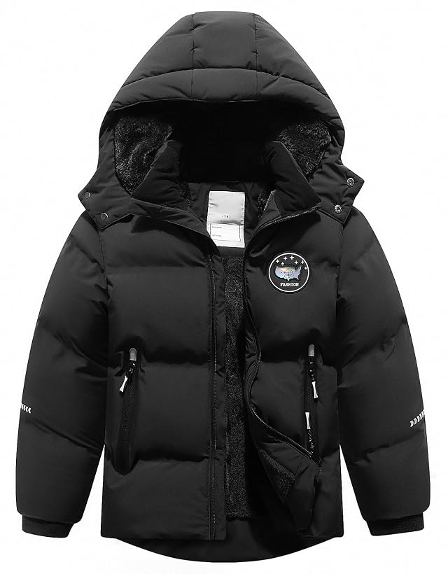 Kids Boys Winter Coat Fleece Lined Waterproof Jacket Puffy Cotton Coat Thick Hooded Down Outdoor Coats