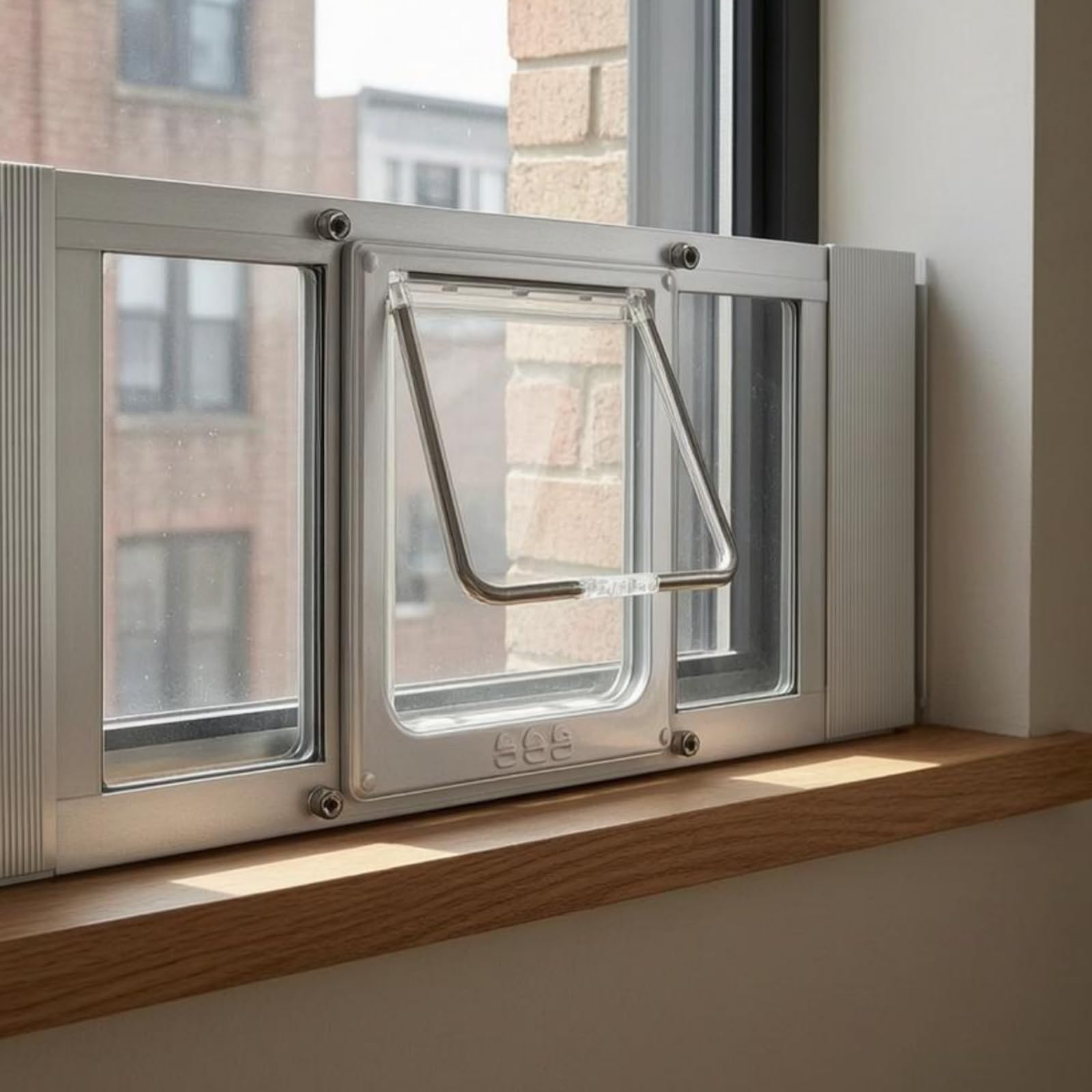 Verstellbare Barriere Tür Katzenklappe Hundeklappe Fensterdurchgang Haustierklappe mit Robustem Alurahmen Und Klappe für Glasöffnung für Zuhause Balkonfenster, 31“-36”