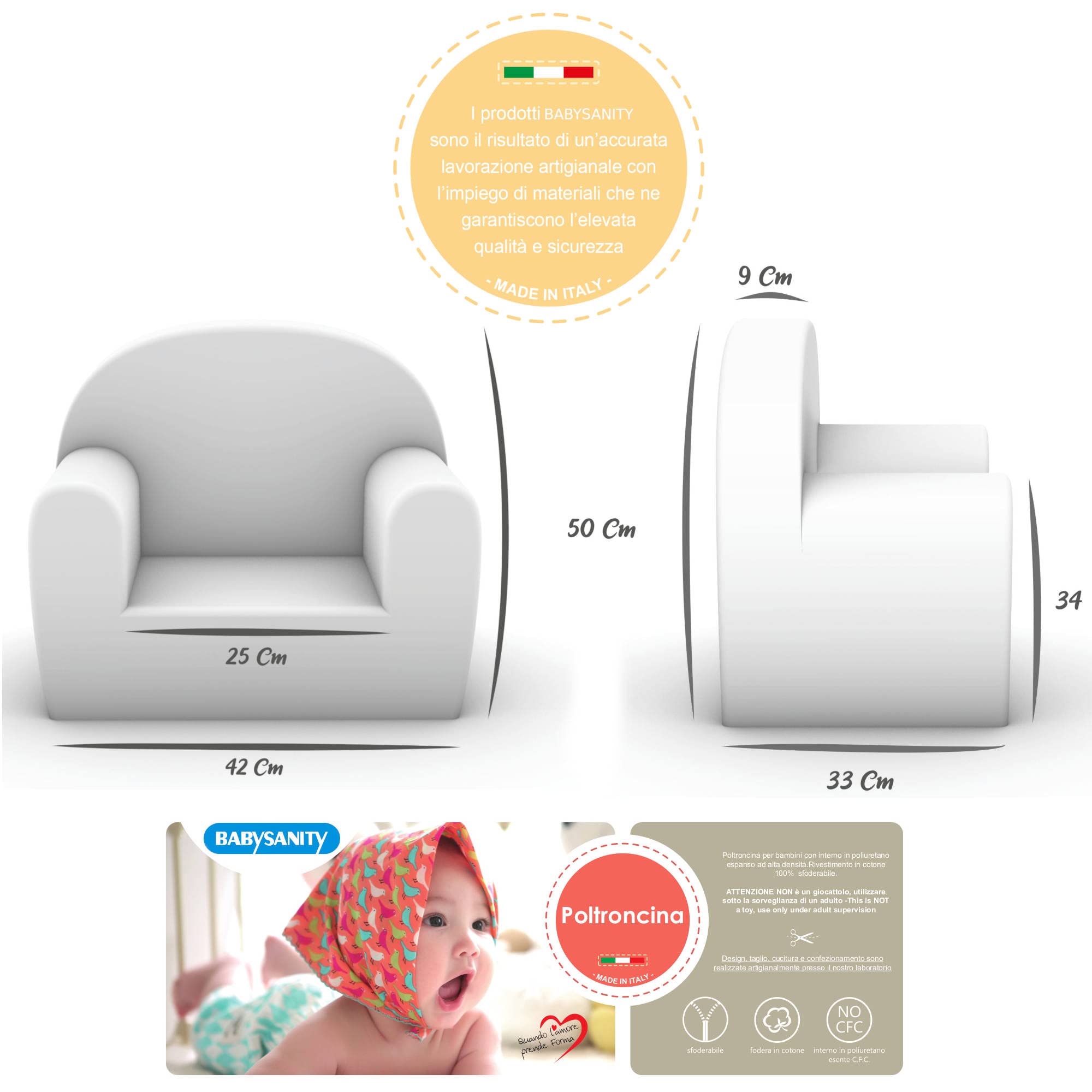 Babysanity® Poltroncina Bimbi Rivestimento 100% Cotone Sfoderabile Imbottitura Alta Intensità Migliorata Poltrona per Bambini Comoda Leggera Ideale per Cameretta -Made in Italy- (Dinosauri)