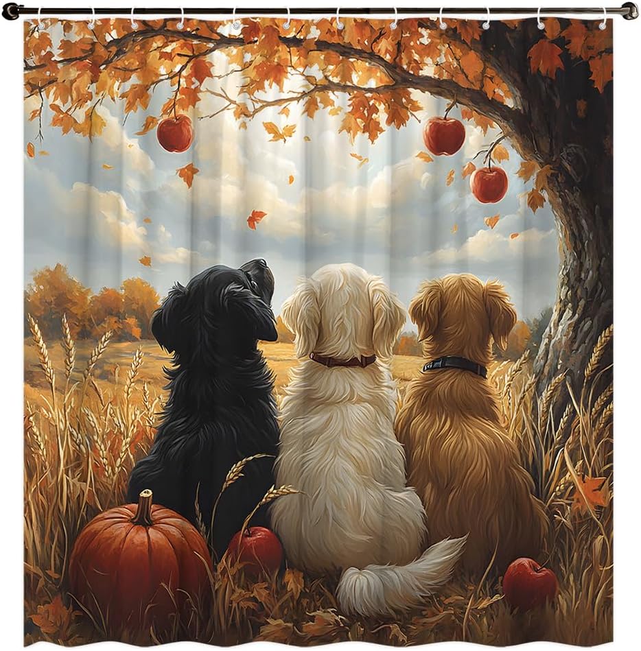 Funny Dog Shower Curtain Animal Orange Fall Pumpkin Watercolor Maple Leaf Rustic Autumn Western Farmhouse Thanksgiving Harvest Decor Curtain 70" Wx90 H Polyester Fabric