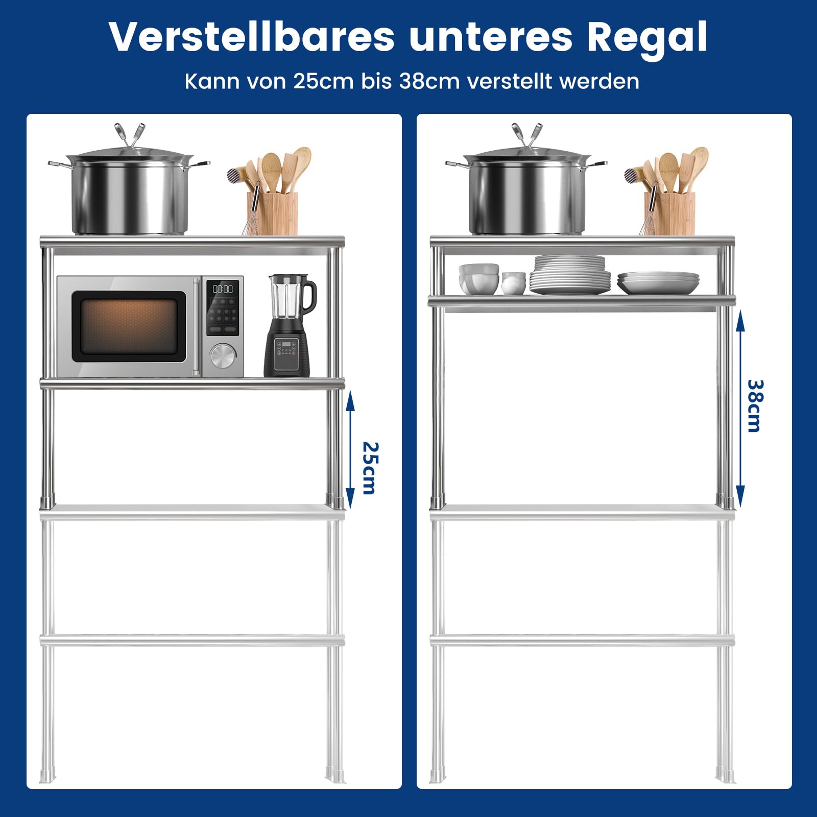 COSTWAY Werktafel van roestvrij staal met opzetplank, roestvrijstalen tafel met in hoogte verstelbare plank, keukentafel tot 617 kg, bereidingstafel, gastronetafel, voor keuken, restaurant, zilver (91