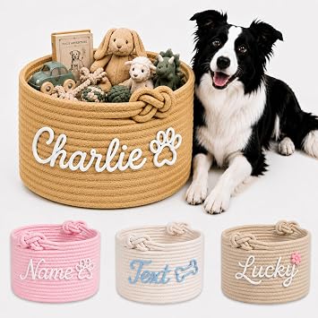 Personalized Dog Toy Basket with Name, Custom Puppy & Kitten Toy Storage Bins, Personalized Cute Handmade Cotton Rope Organizer for Snacks, Pet Supplies, Birthday Gifts Basket for Pets A1
