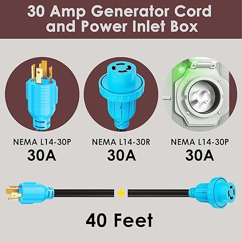 Miniatura 10 de CircleCord Cable de extensión de generador de 4 clavijas de 25 pies y 30 amperios y caja de entrada con conector de bloqueo, resistente NEMA