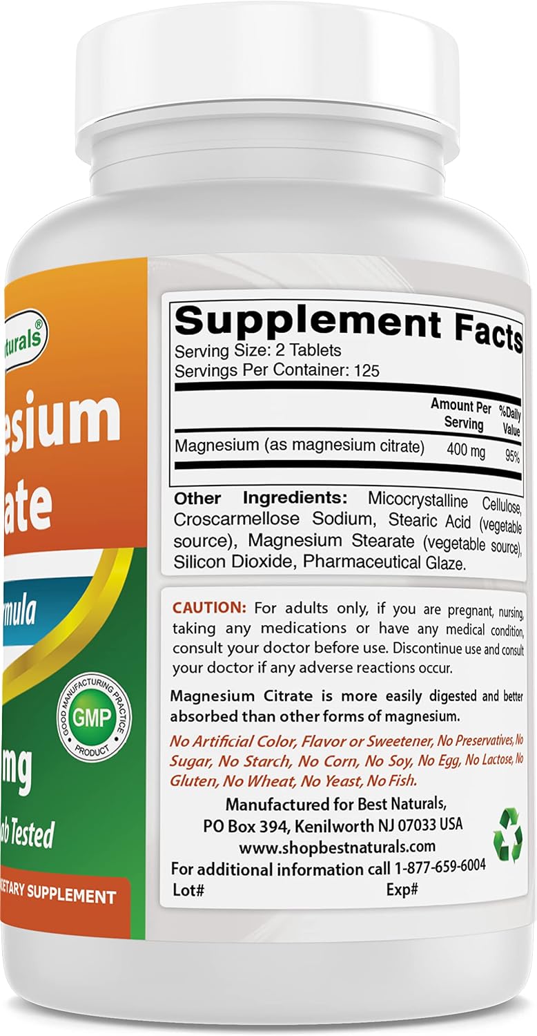 Best Naturals Magnesium Citrate (Citrato de Magnesio) 400mg 250 Tablets (400 mg of Elemental Magnesium per 2 Tablets) (2)