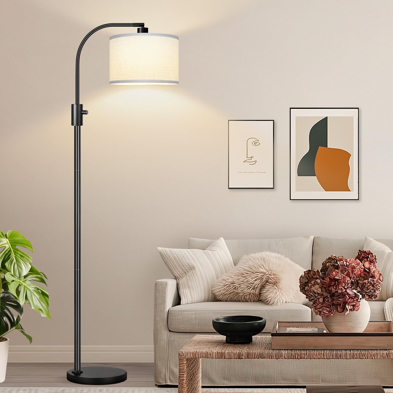 [Upgraded] Dimmable Floor Lamp, 1200 Lumens LED Edison Bulb Included, Arc Floor Lamps for Living Room Modern Standing Lamp with White Shade, Black Tall Lamp for Living Room Bedroom Office Dining Room Matte Black-White Shade