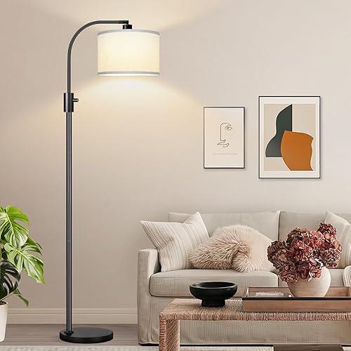 Nintiue Upgraded Modern Arc Dimmable Tall Standing Floor Lamp with White Shade, 1200 Lumens LED Bulb Included, for Living & Reading Room, Bedroom, Office & Nursery, Black