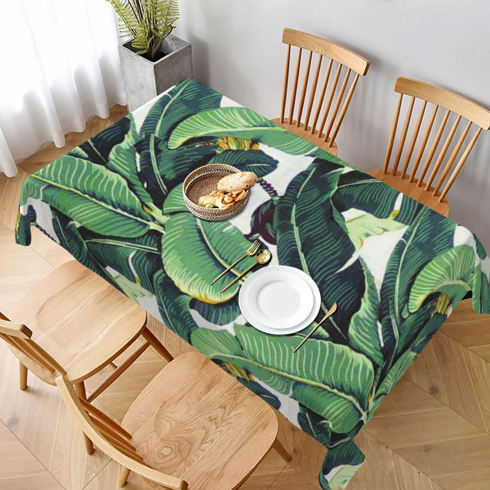 BNVSADC Tropical Banana Palm Leaves Printed Rectangle Tablecloth 228x152 CM, Water Resistant Polyester Table Cloth Decorative Fabric Table Covers for Kitchen Dining Table Parties Camping