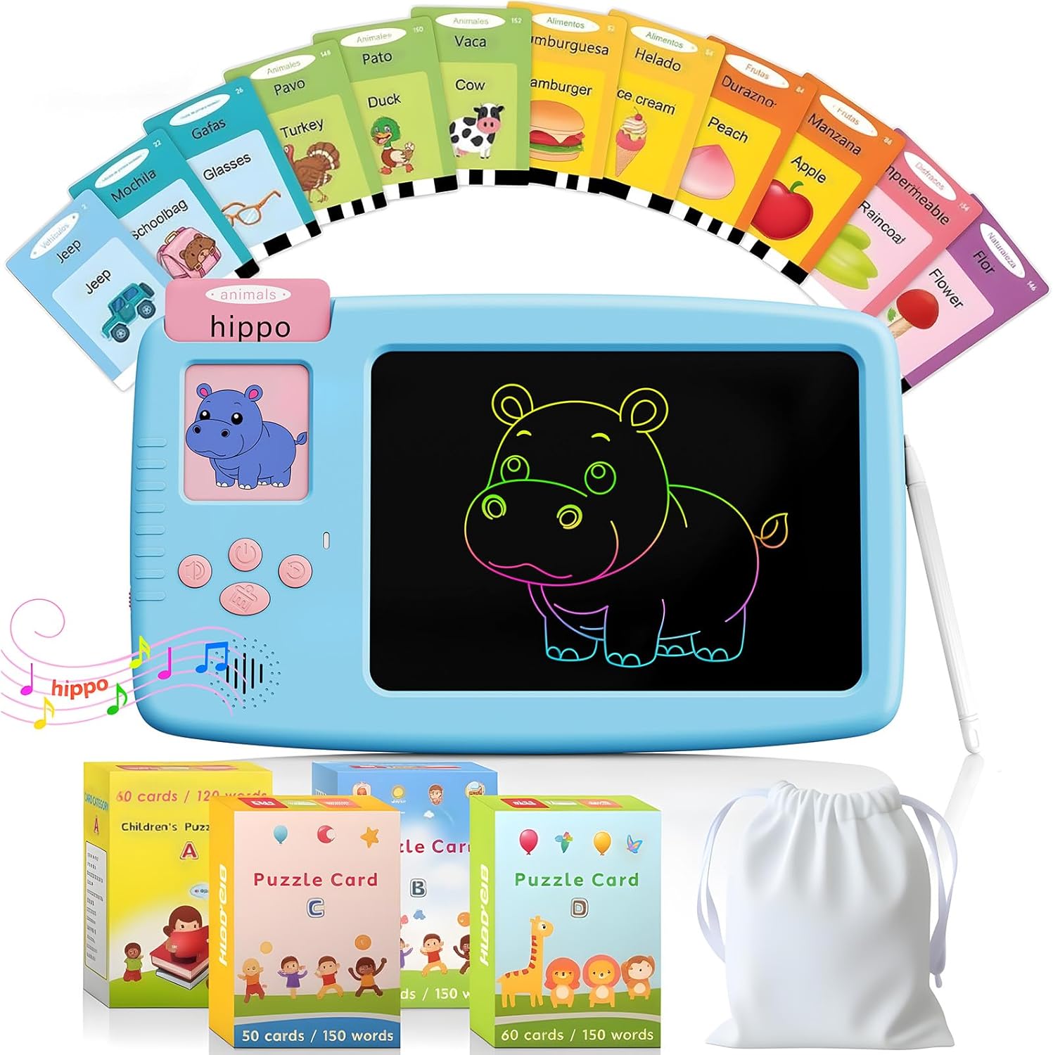 Talking Flash Cards for Toddlers: 2-in-1 LCD Writing Tablet Kids - Montessori Language Learning with 510 Words - Autism &amp; Speech Therapy Toys for Children Gifts, Blue