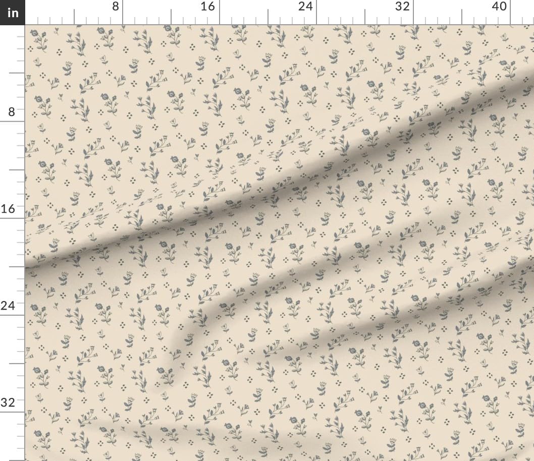 Spoonflower Fabric - Beige Botanical Cream Blue Floral Cottage Core Rustic French Country Printed on Petal Cotton Fabric by the Yard - Sewing Quilting Apparel Crafts Decor