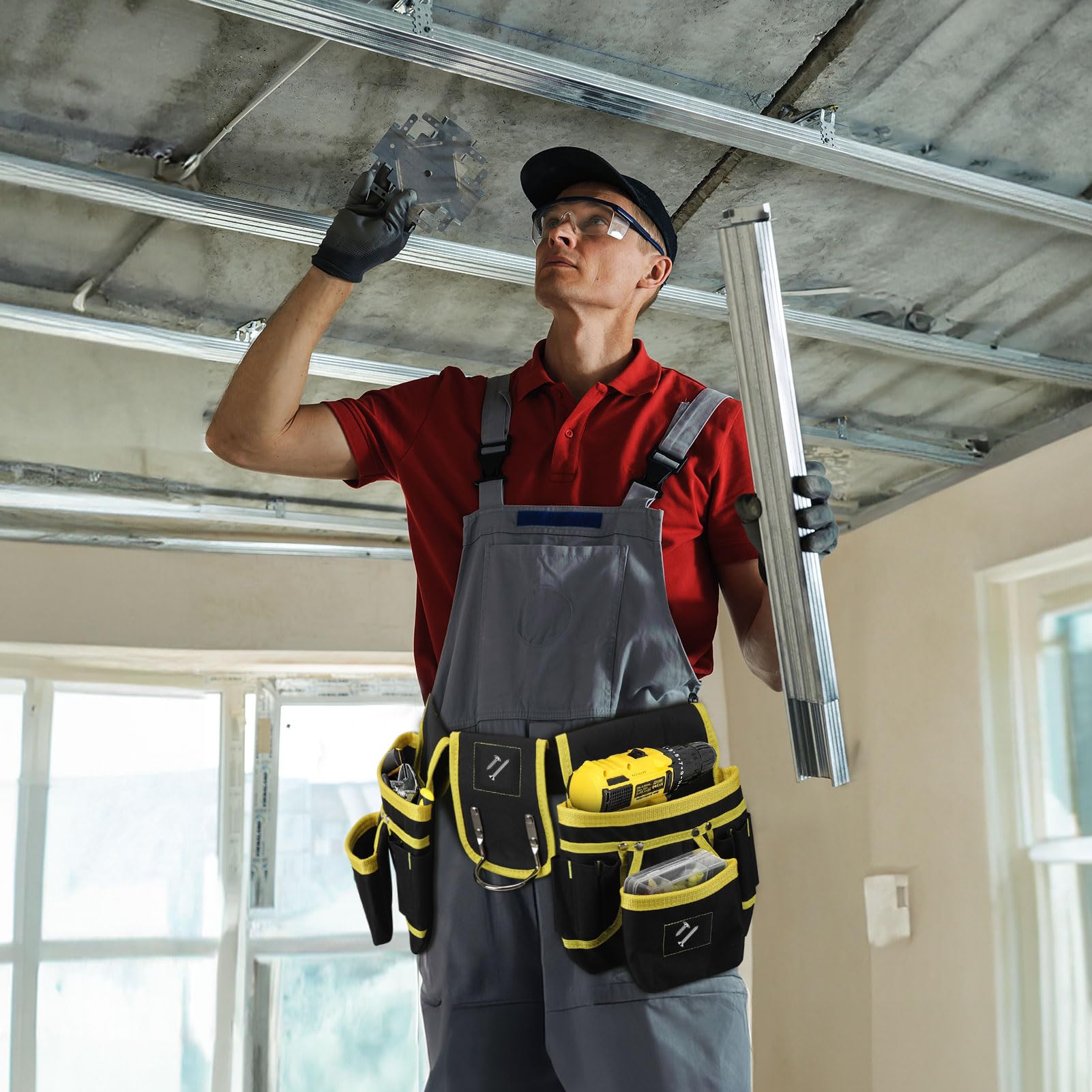 Ceinture Homme Porte Outil, Ceinture à Outils avec 26 Poches, Ceinture de Travail, Sac à Outils en Oxford avec Organisation des Outils Matériels pour Électricien, Charpentier, Construction