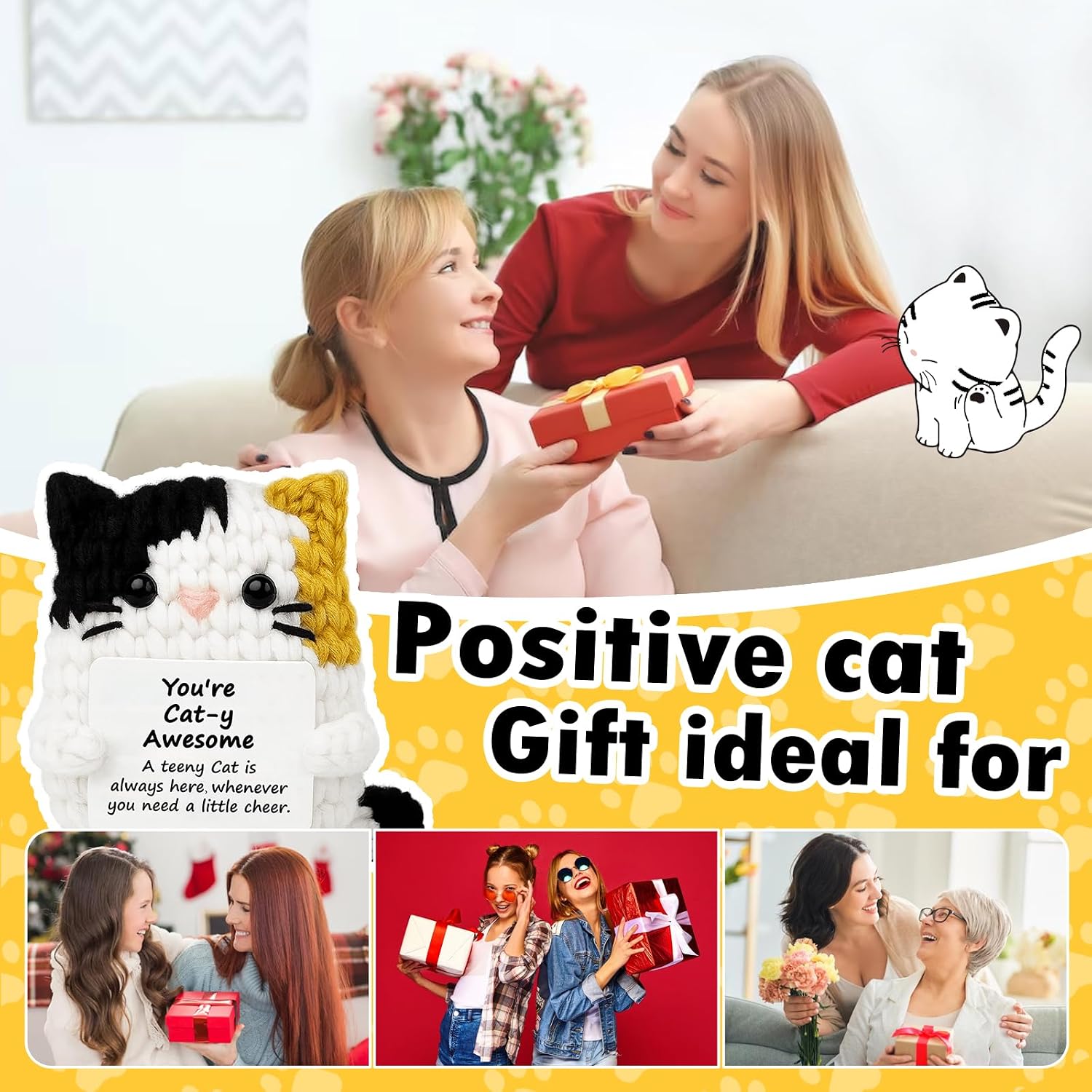 Positive Crochet Cat Animal Emotional Cheer Up Support Gifts, Funny Crochet Mini Handmade Cat for Friends Birthday Christmas Graduation Gifts (Awesome) image 3