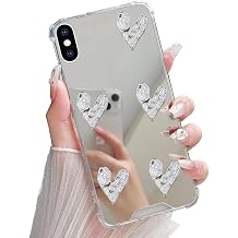 Miagon Mirror Case for iPhone XS/X,Makeup Senior Cute Chrome 3D Heart Mirror Reflection Four Corner Shockproof Back Bumper Rubber Phone Cover for Girls Women
