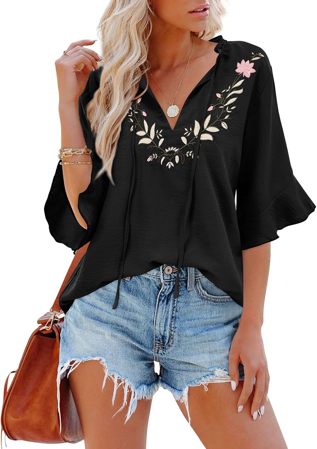 Womens Summer Tops 3 4 Sleeve Women Blouses Casual Boho Top Spring Floral Short Sleeve Shirts Vacation