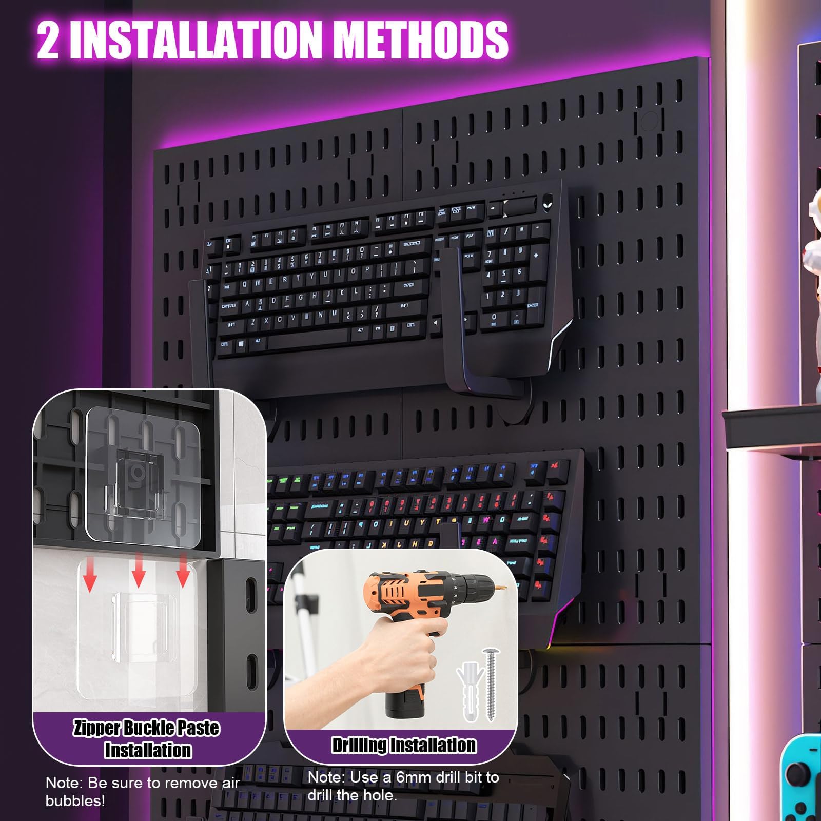 Juego de 4 tableros de ranuras (42 x 30 cm) + 20 accesorios para almacenamiento de habitaciones, organización y decoración, combinación libre y fácil instalación (negro)