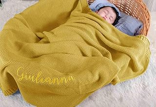 Customized Personalized Hand-Embroidered Blanket with Name, Chunky Knit, 40 * 30inch, Soft Newborn Blankets Embroidery Patterns, Infant Baby Gifts for Boy/Girl (Yellow)