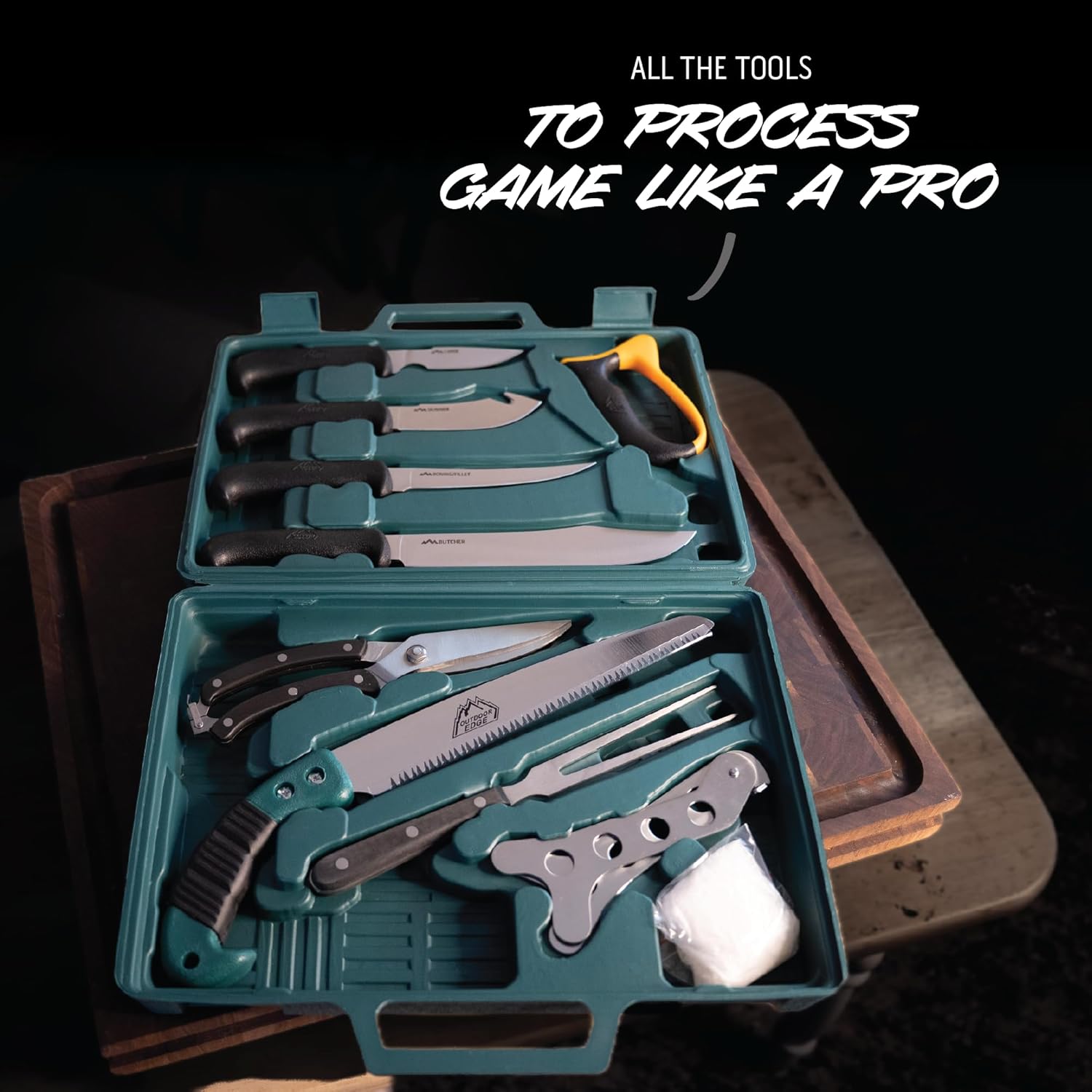 Outdoor Edge Game Processor, PR-1, Complete 12-Piece Hunting Knife Kit for Processing Big Game, Full Tang 420J2 Stainless Razor Sharp Blades, TPR Non-Slip Handles, Sturdy Hide-Side Storage Case