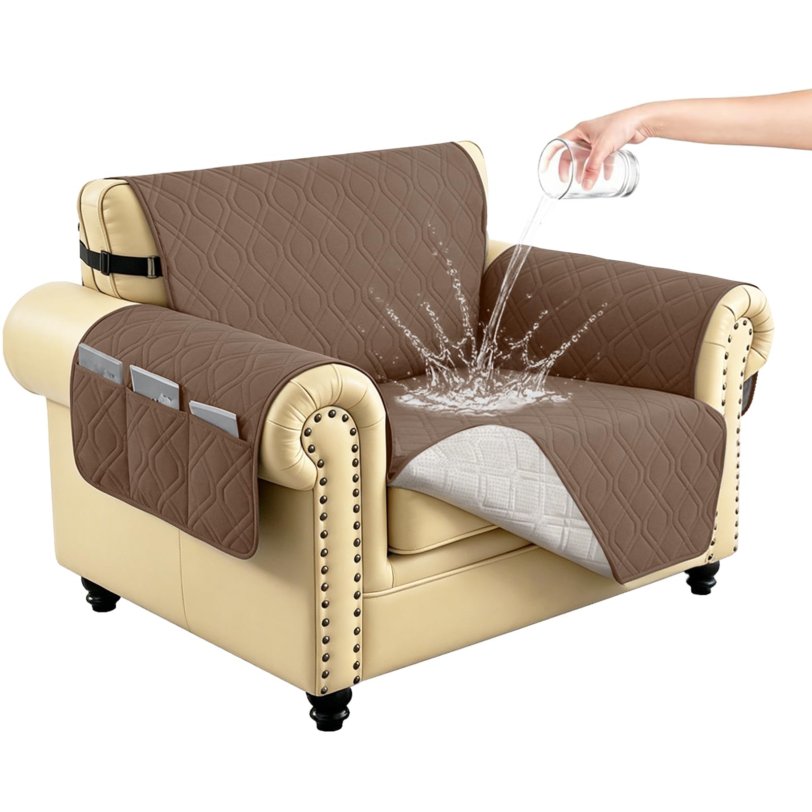 Hiiksolo Waterproof Sofa Cover, Non-Slip Loveseat Slipcover with Elastic Straps, Quilted Couch Protector for Pets Dogs Cats, Machine Washable & Furniture Protector for Kids, 1 Seater Dark Brown