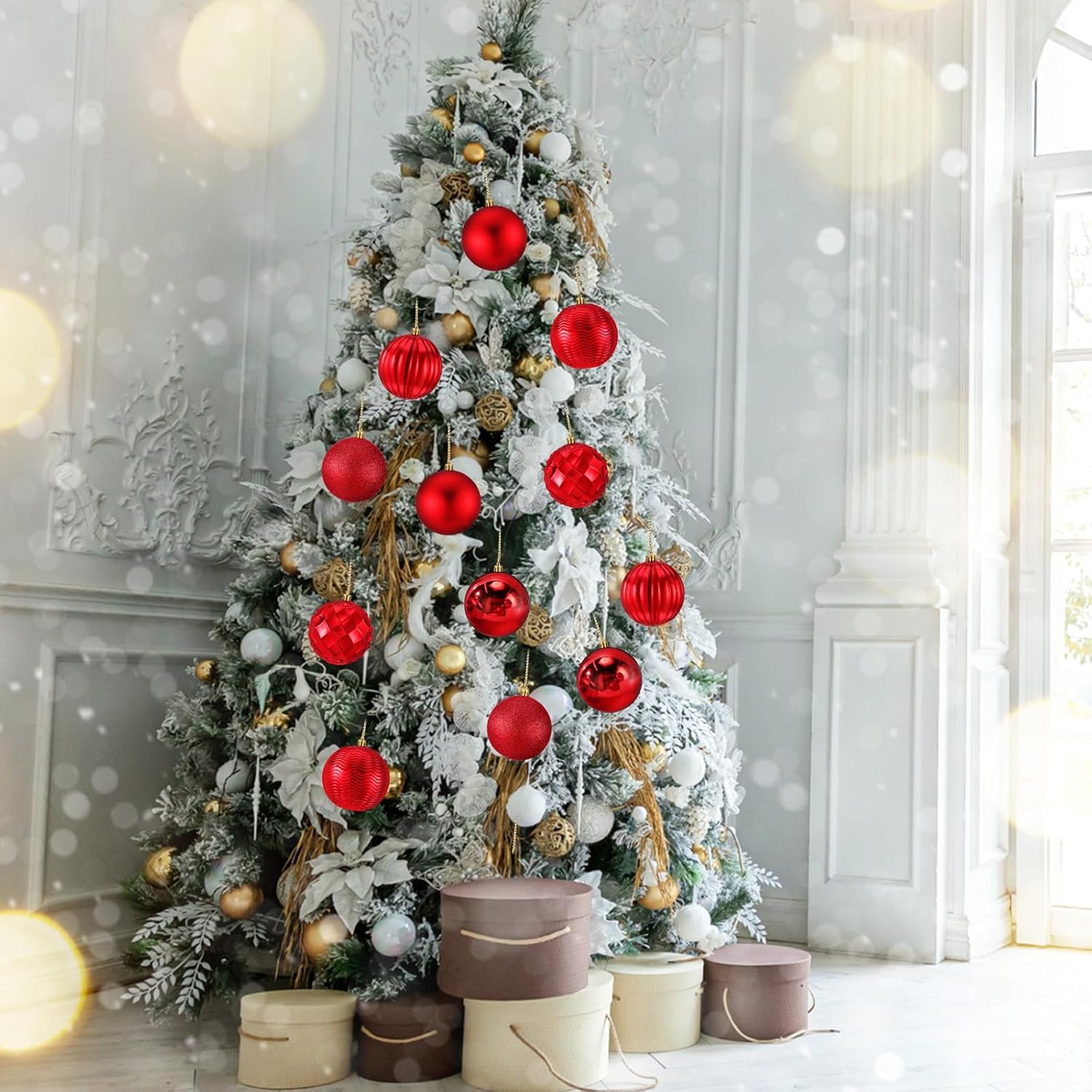 Syhood 12 Pcs 4 Inch Large Valentine Ball Ornament Christmas Tree Decoration Plastic Ornament Set Hanging Xmas Tree Ball for Xmas Holiday Wedding Party(Red)