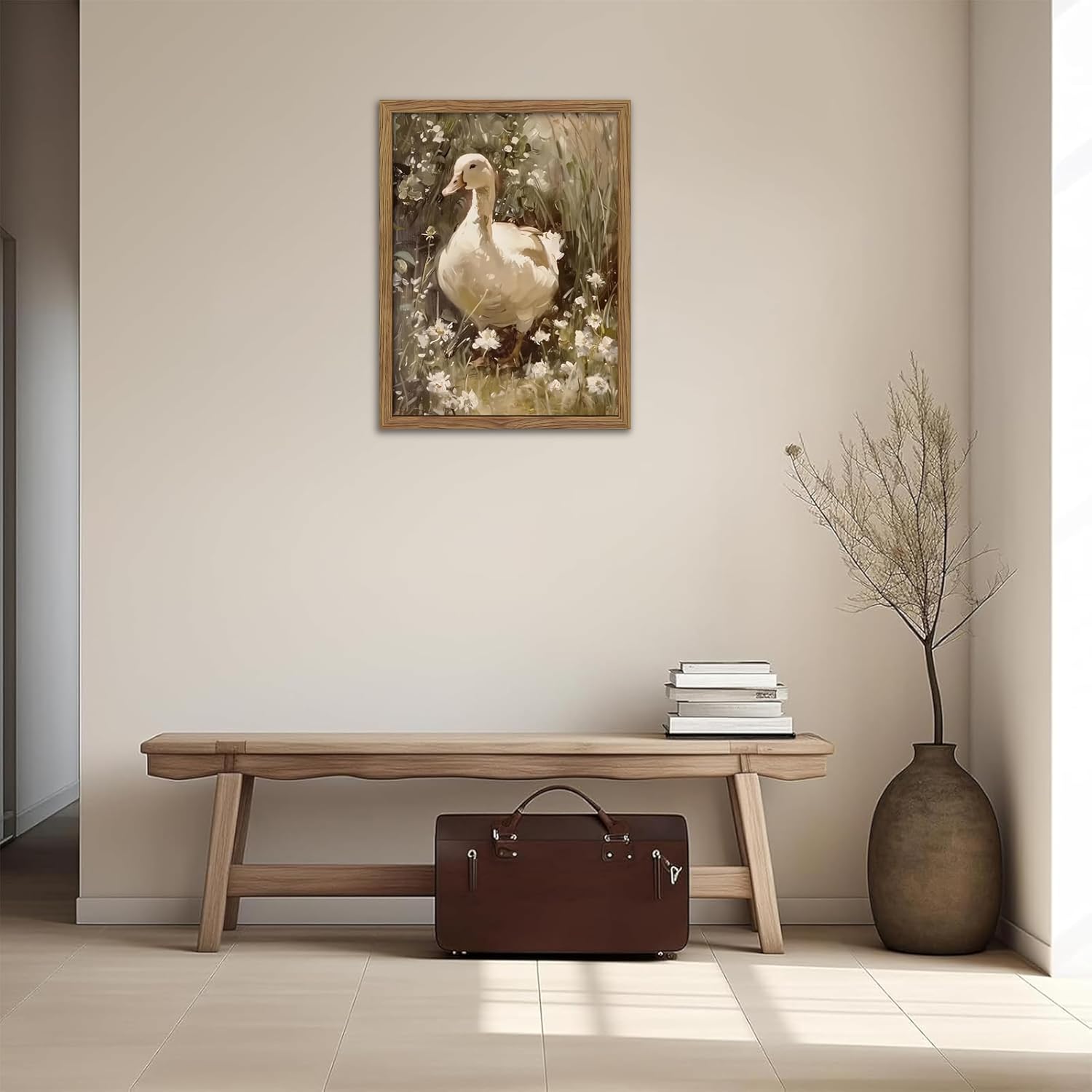 Framed Goose Wall Art, Rustic Vintage Floral Animal Oil Painting, Retro Farmhouse Country Pictures Artwork, Cottagecore Canvas Prints Wall Decor for Living Room Bedroom Farm – 8x10 inch White Goose Framed 10"L x 8"W