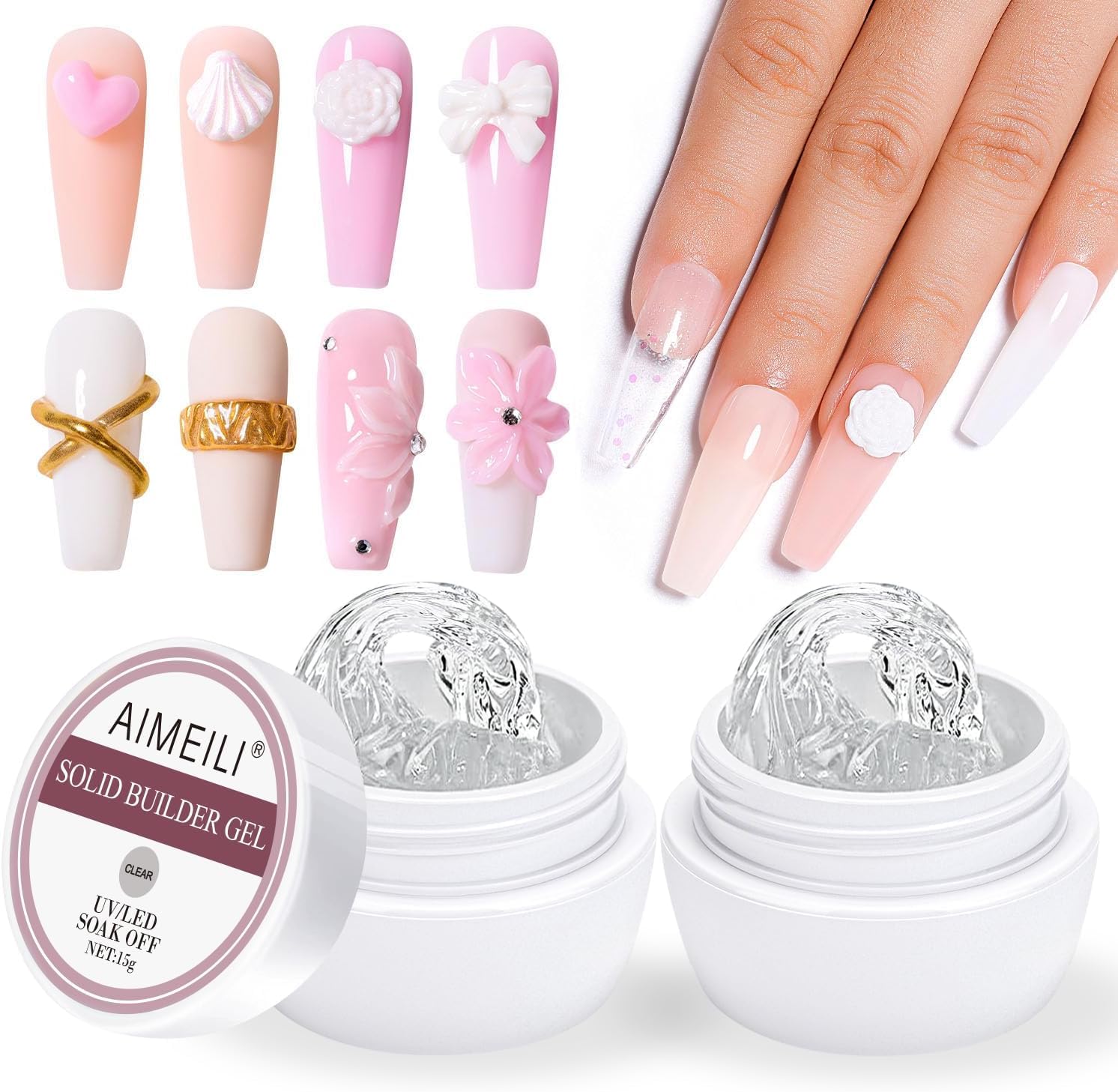 AIMEILI Solid Builder Gel for Nails, Clear Nail Extension Gel Solid Sculpture Gel UV LED Hard Gel for Nails, Nail Carving Gel, Rhinestones Glue Gel for Nail Art Salon Home Use , 30.0 grams