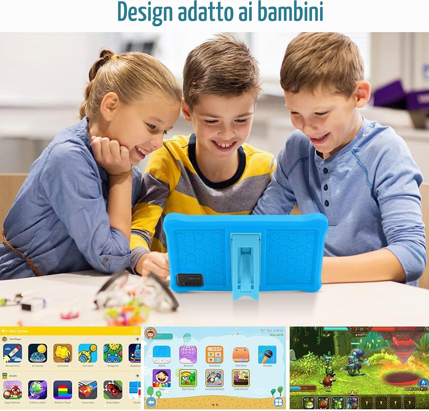 Tablet per bambini 7 pollici, Android 13, 8 GB RAM + 64 GB ROM (espandibile 256 GB), controllo genitori, schermo HD IPS, certificato GMS, Wi-Fi, tablet educativo bambini con custodia (blu)