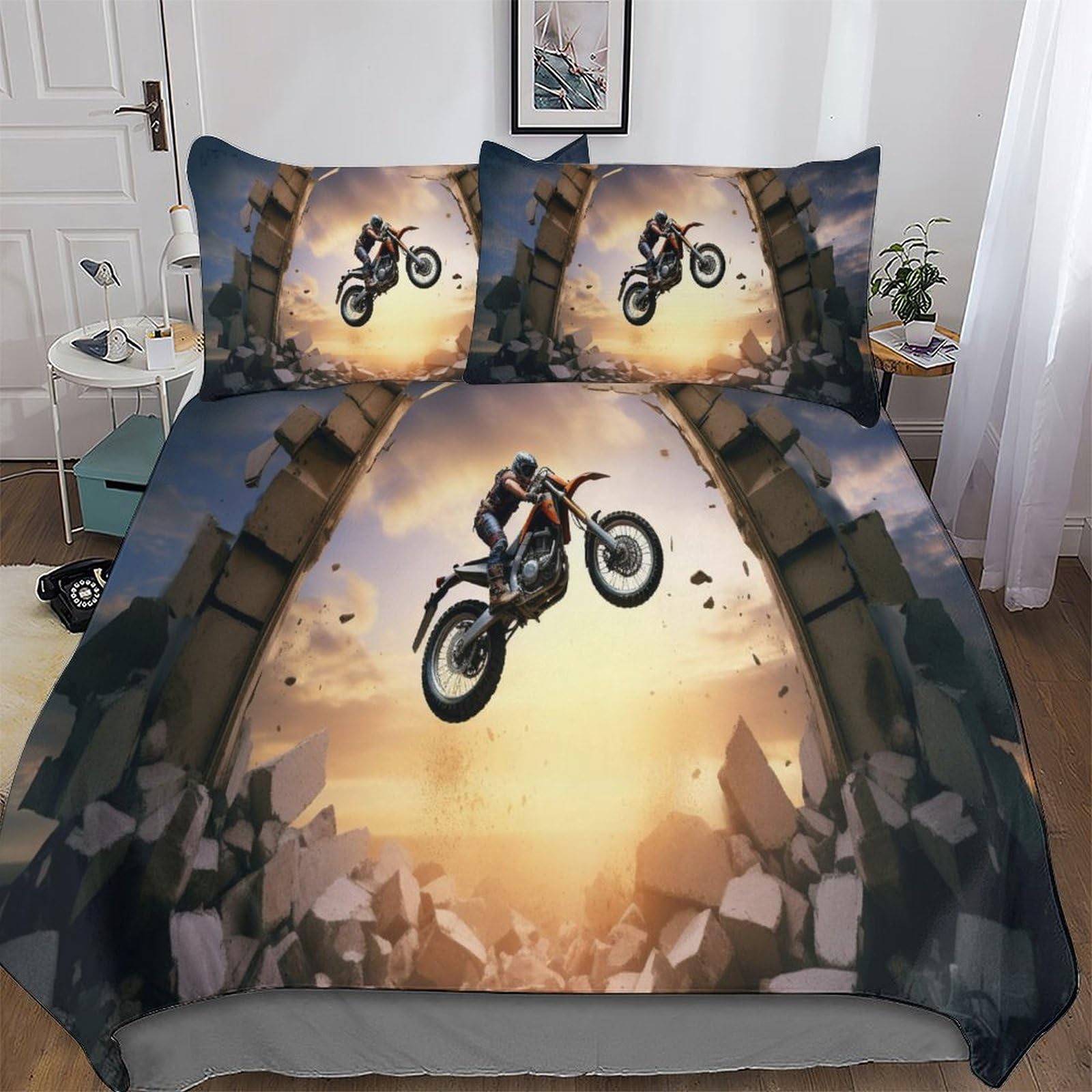 Moto housse de couette 200x200cm avec taies en microfibre pour lit enfant et adulte