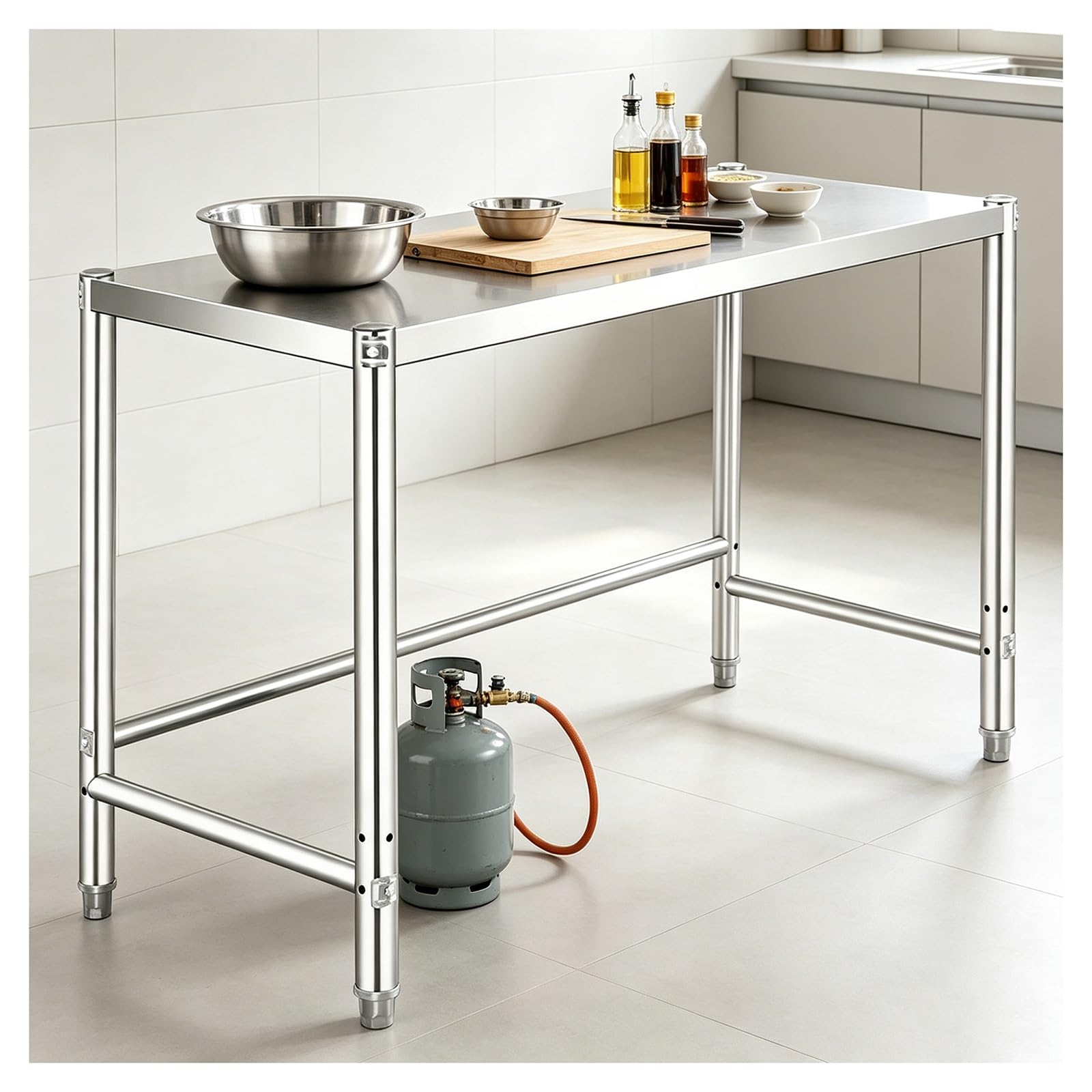 Mesa de Acero Inoxidable Solo Nivel Mesa de Trabajo de Cocina Estantería | Refuerzo de Travesaños Arriostramiento Triangular Pies Ajustables Alta Capacidad de Carga Superficies de Trabajo Reforzadas