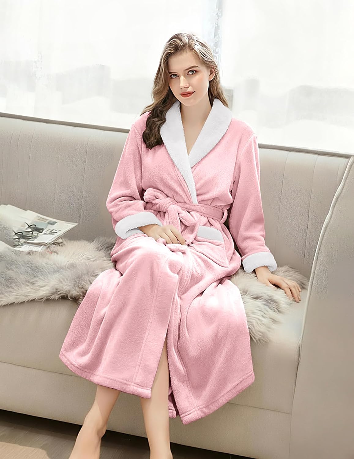 Ekouaer Robes for Women Soft Long Bathrobe Lightweight Fleece Shawl Collar Spa Robe Cozy Sleepwear with Pockets S-XXL - Image 2
