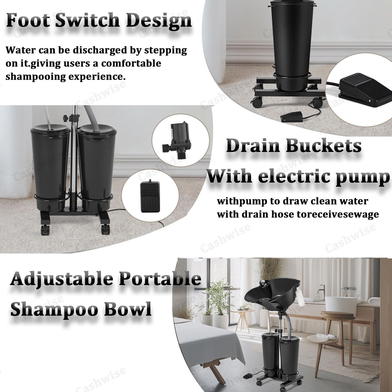 Lavabo de champú portátil con bomba eléctrica y ajuste de altura para lavado de cabello en casa y salón móvil