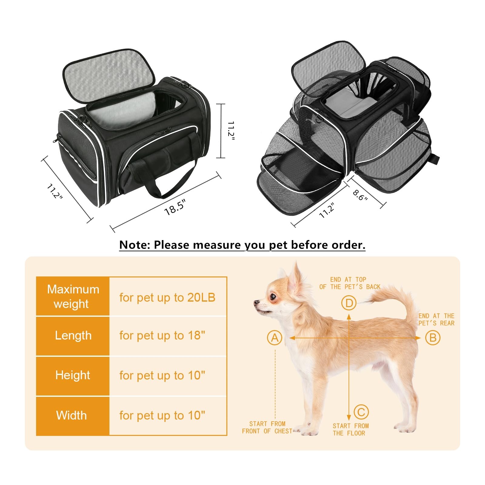 Estarer Soft Sided Pet Carrier Airline Approved, 4 Sides Expandable Collapsible Cat Carrier with Pockets & Removable Fleece Pad, Travel Carrier Bag for Cat Dog & Small Animals (Black) - image 4