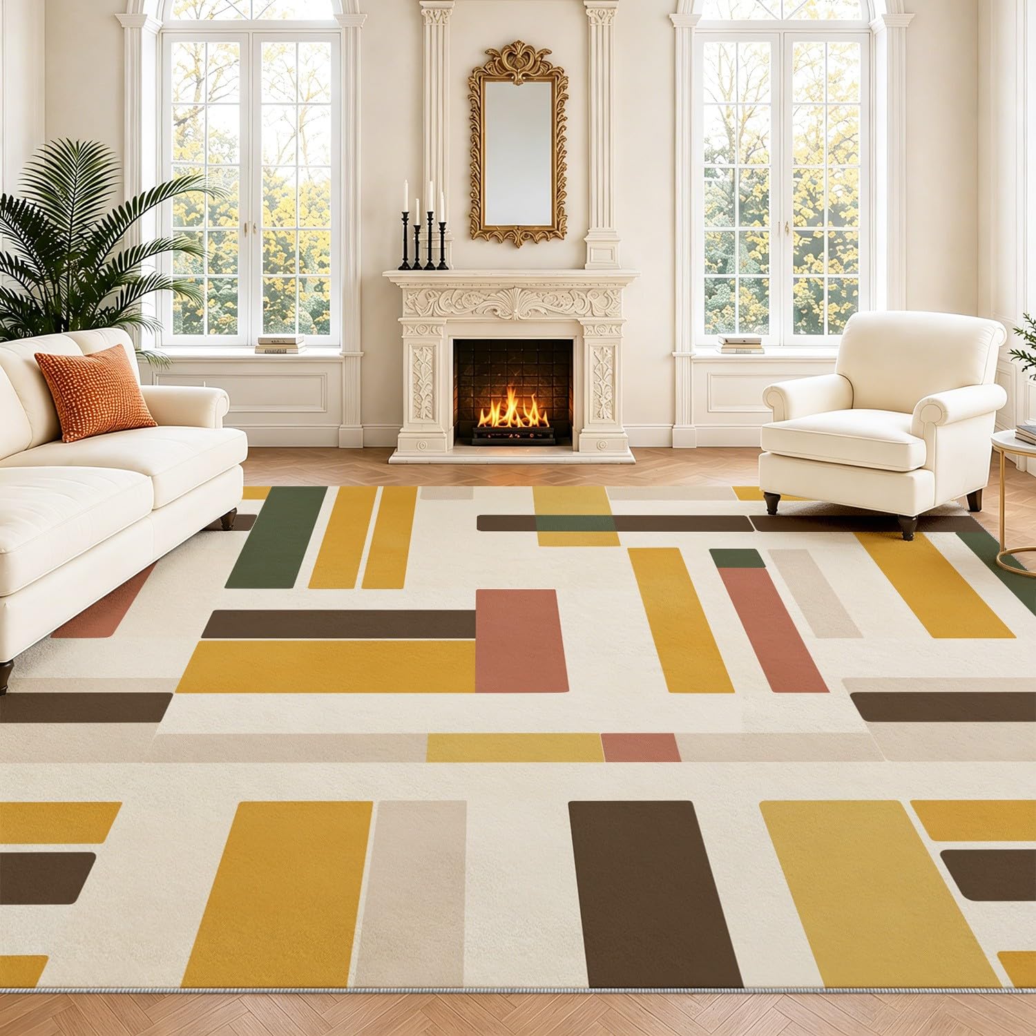 Alfombra de suelo para dormitorio y salón moderna con rectángulos abstractos crema y mostaza