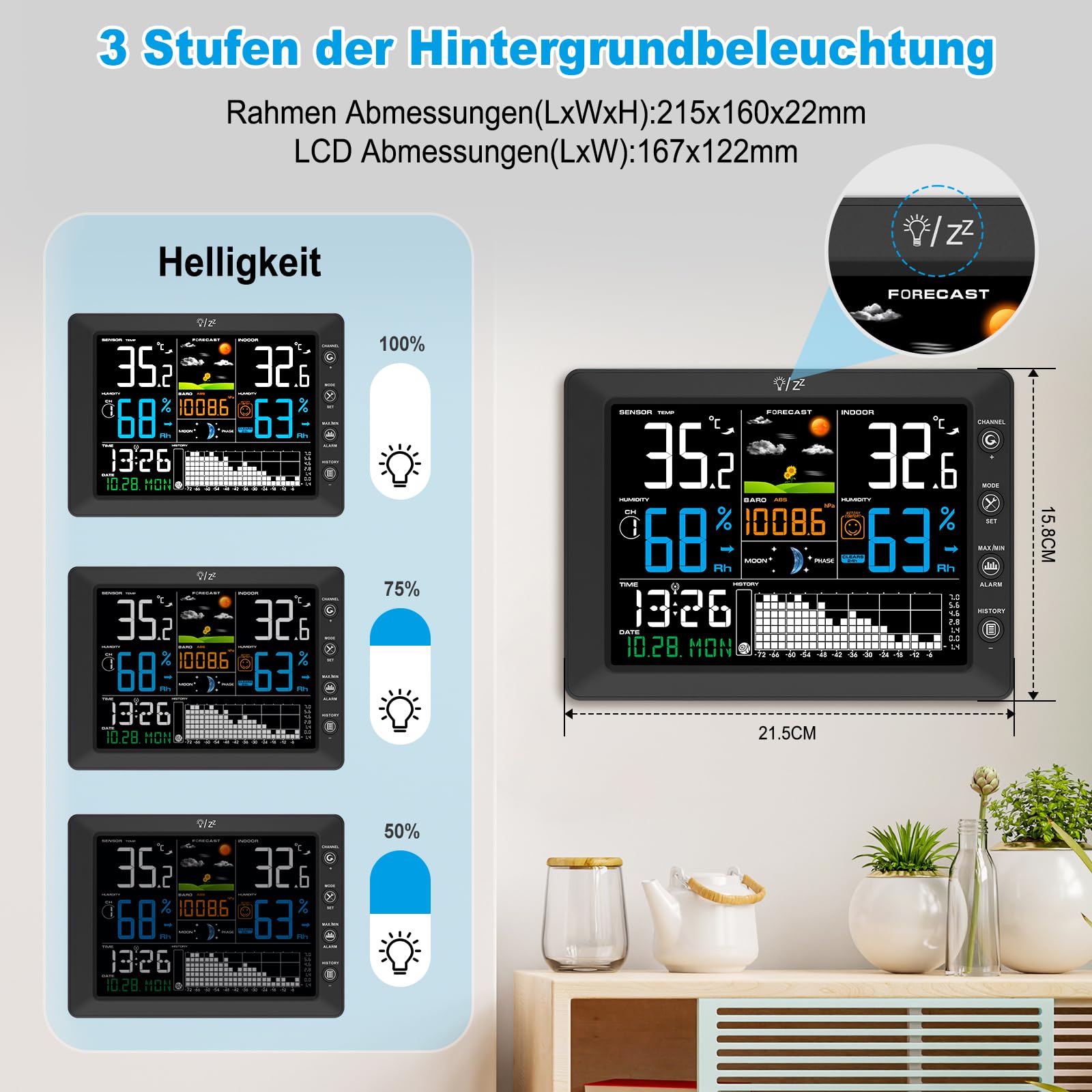 Urageuxy Wetterstation Funk mit Außensensor, 8,5" Farbdisplay, DCF-Funkuhr, Innen- & Außentemperatur, Luftfeuchtigkeit, Wettervorhersage, Luftdruck, 100 m Reichweite, erweiterbar auf 8 Sensoren