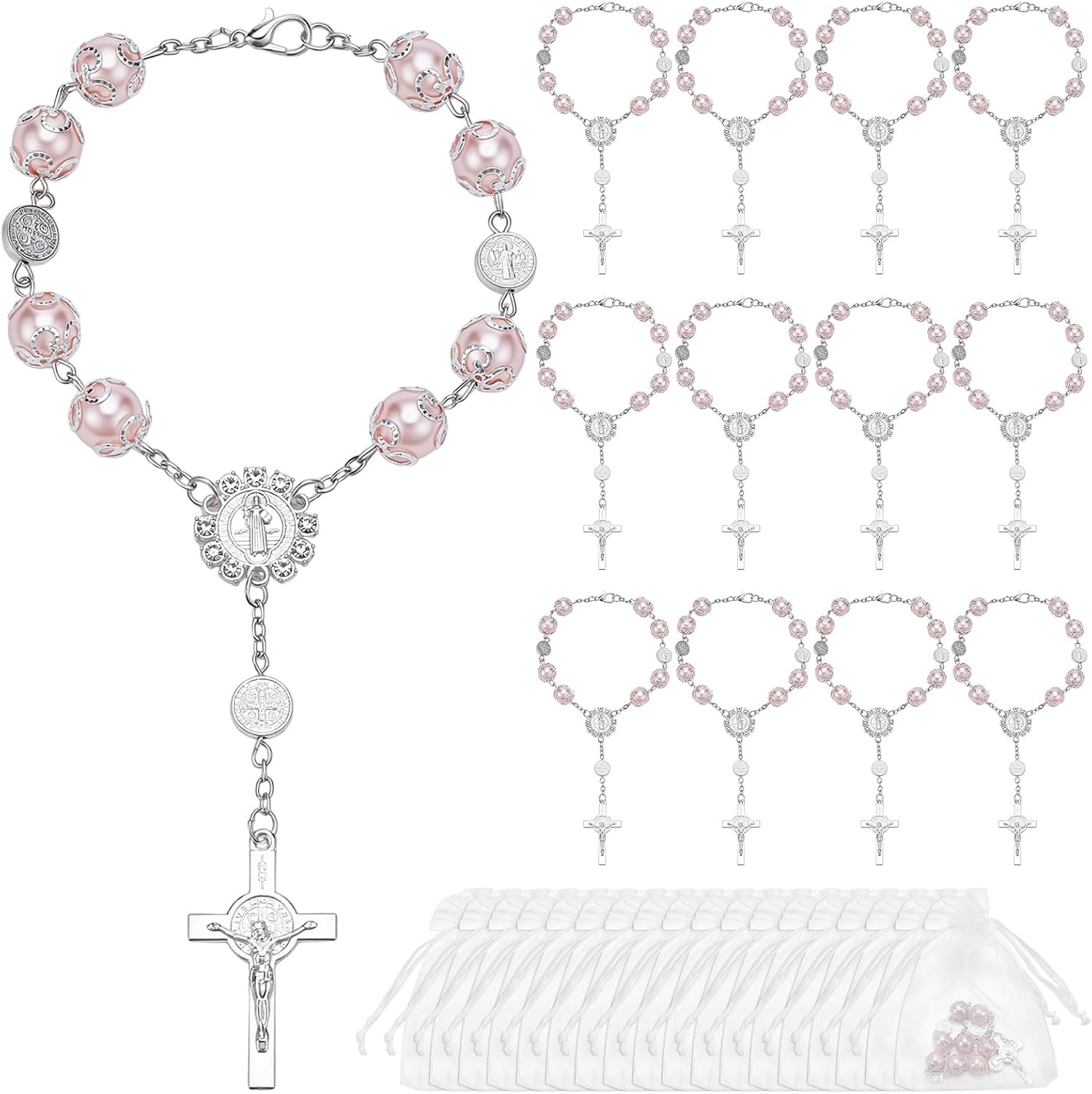 30 Pcs Pink Glass Rosary Beads, Baptism Rosary Acrylic Ivory Color Finger Baptism Rosaries with Organza Bags for Christening Easter Wedding Party Favors