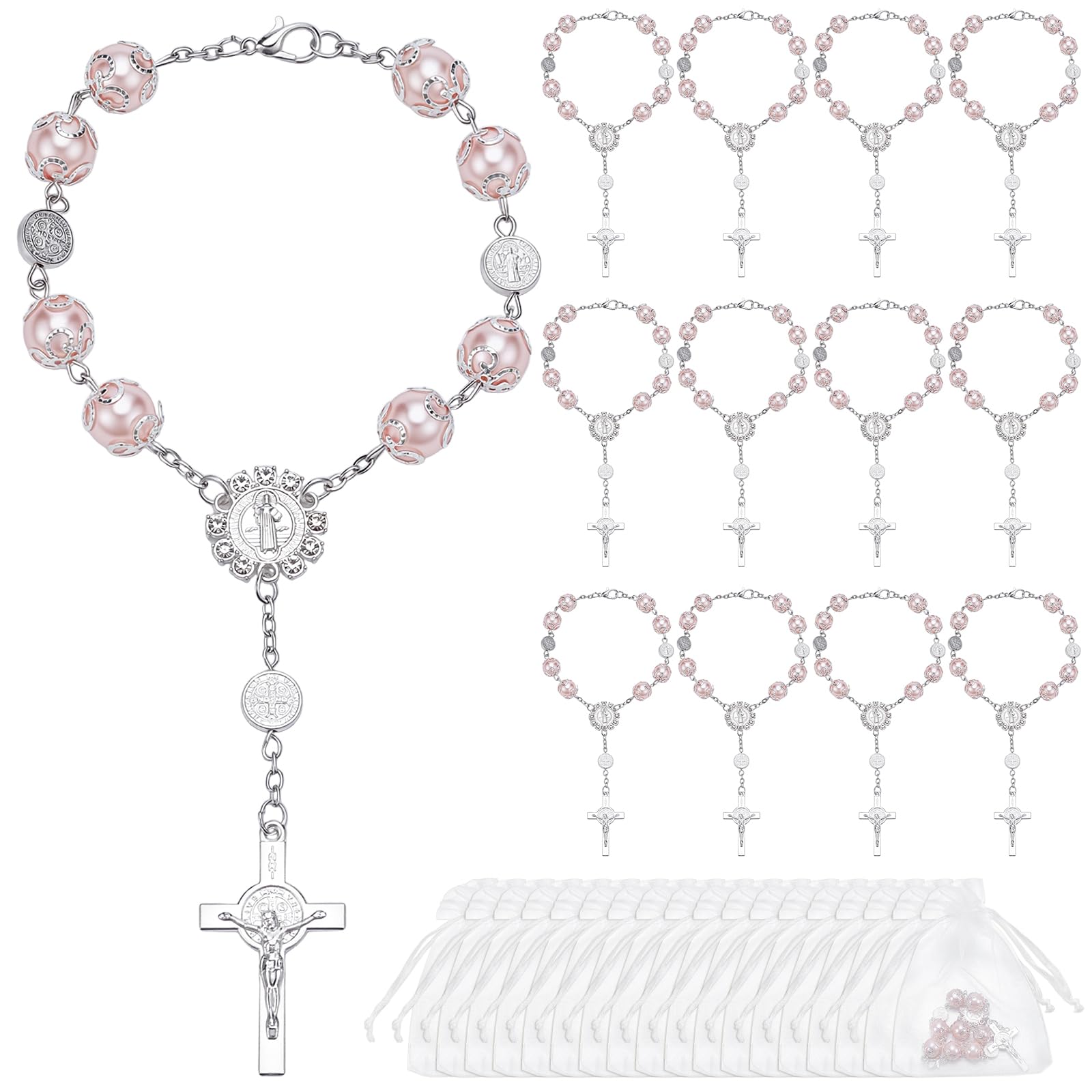 30 cuentas de rosario de cristal rosa, rosario de bautizo, rosario de bautizo, color marfil, rosarios de bautizo de dedo con bolsas de organza para bautizo, bodas, recuerdos de fiesta