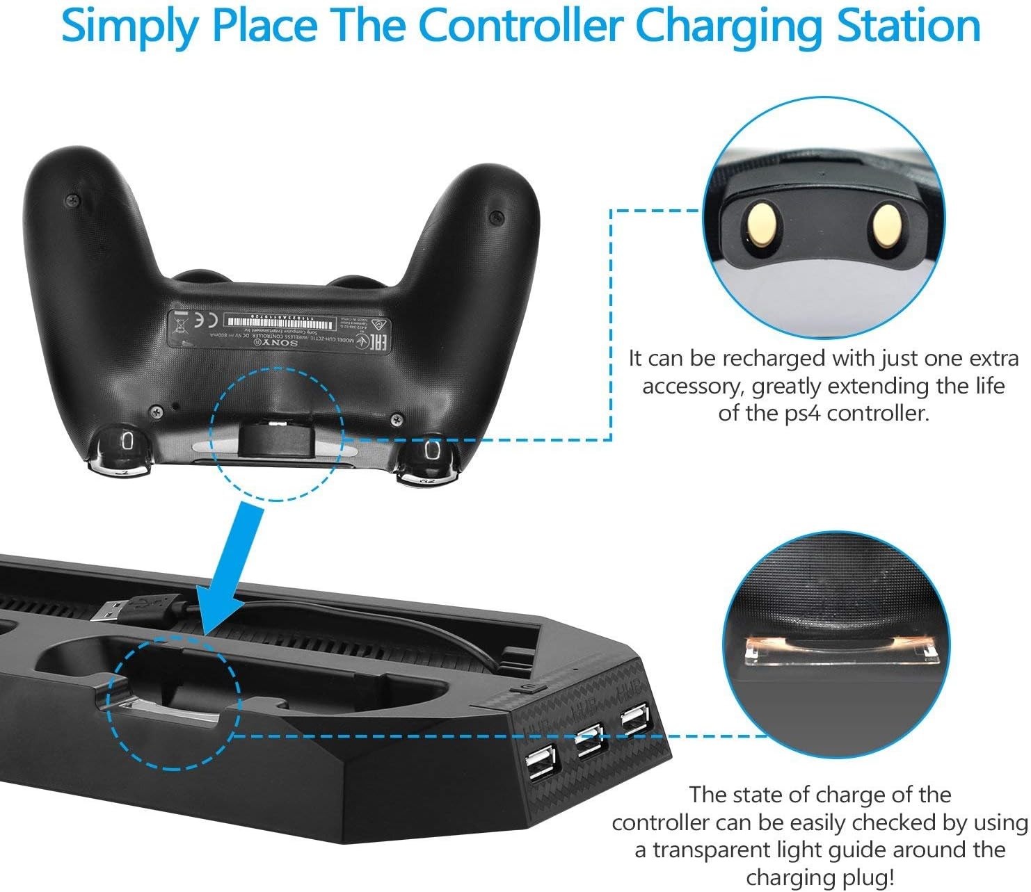 PECHAM Vertical Stand for PS4 Pro with Cooling Fan, for Sony Playstation 4 Pro Console, Dual Controller Charge Station, 3 USB HUB Port (Only for Pro)