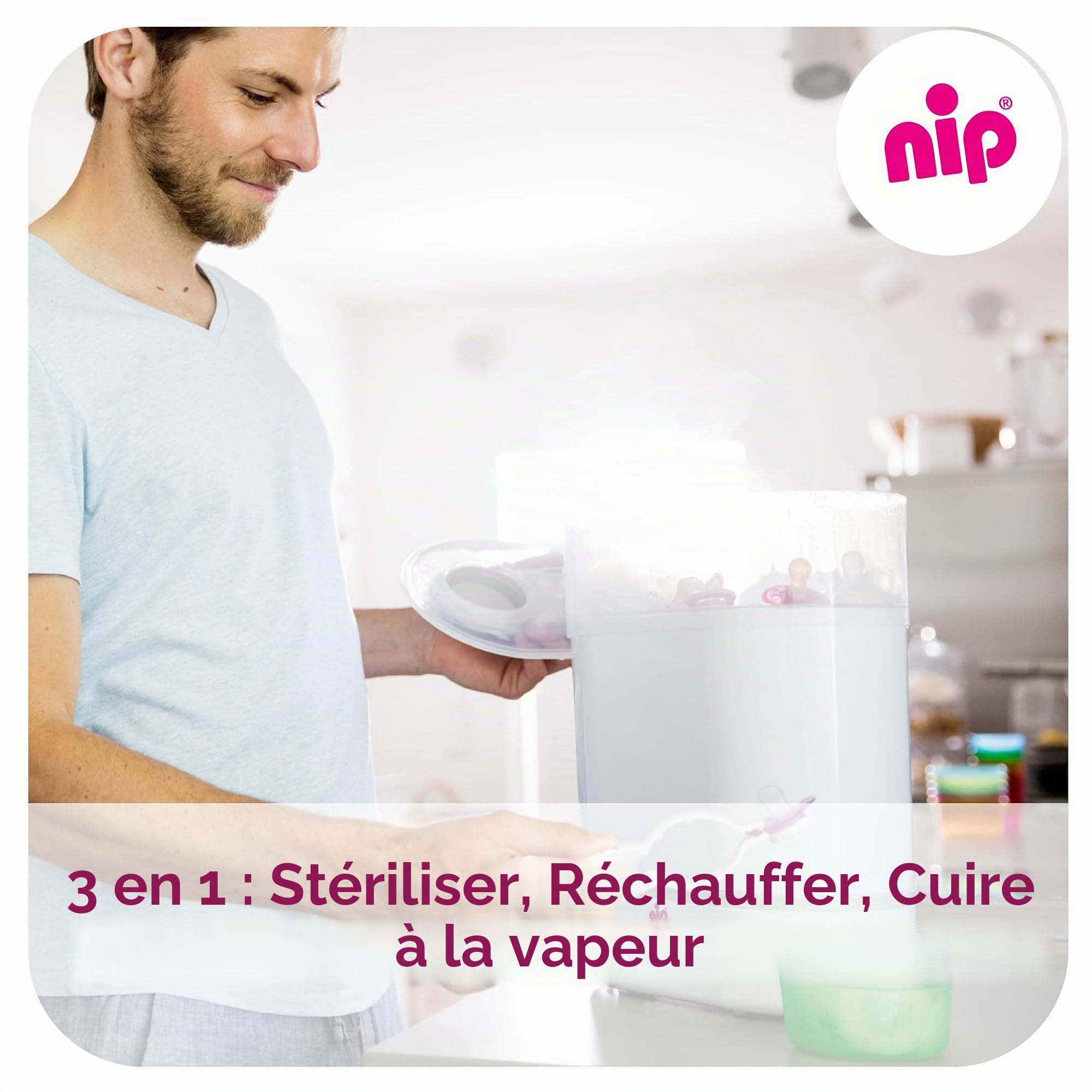 NIP Stérilisateur biberons : vaporisateur pour jusqu'à 6 biberons, tétines + accessoires, stérilisation rapide et sûre à la vapeur en seulement 9 minutes, avec arrêt automatique, blanc