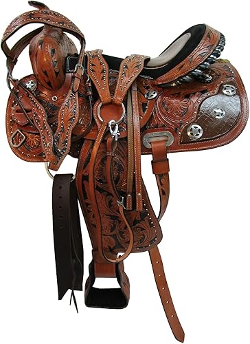 Miniatura 2 de Western Saddle Barril Racing Caballo Placer Floral Tooled Gator Asiento de cuero Sillines Trail Tack Set 15 16 17 18