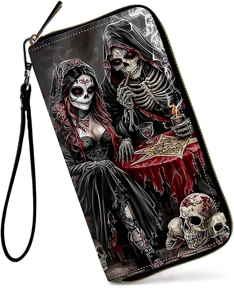 Womens Wallet, Large Capacity RFID Blocking PU Leather Wristlet Wallets for Women Ladies Men Credit Card Holder Zipper Wallet Phone Holder Clutch Travel Purse, Human Bone Skull