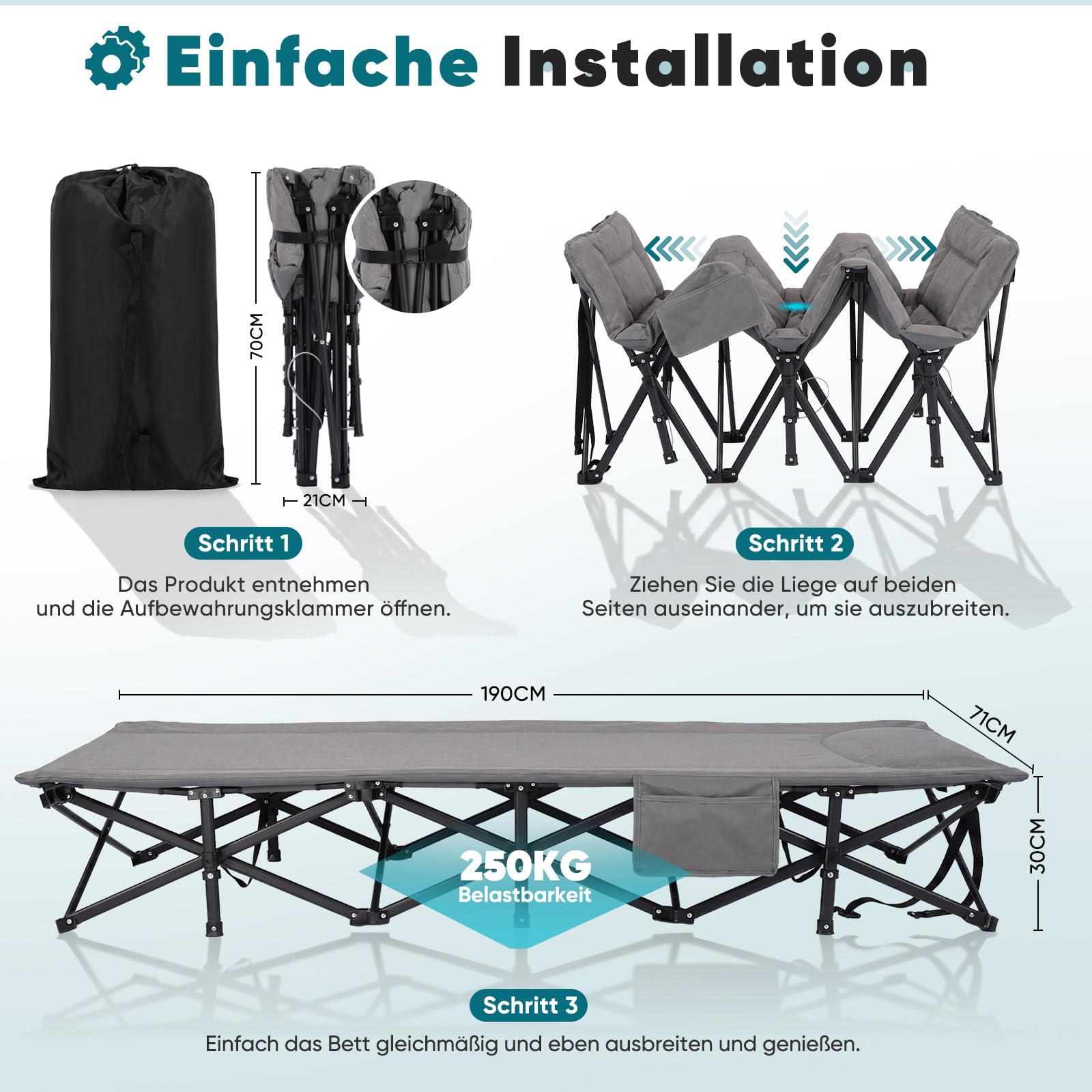 Sekey Feldbett 250kg mit integrierter Matratze – stabiles Klappbett, klappbar & kompakt