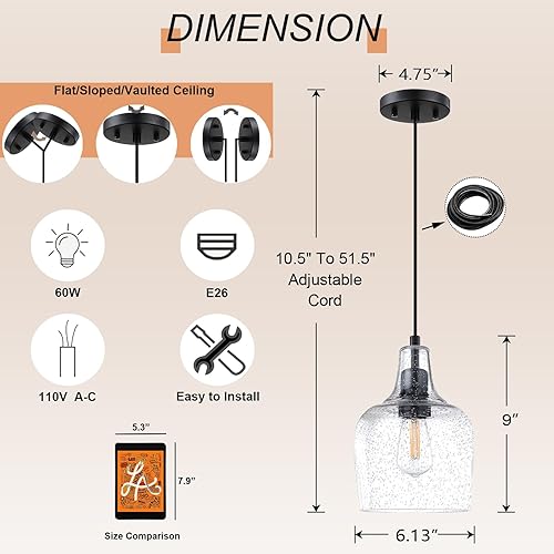 Miniatura 2 de Paquete de 2 lámparas colgantes para isla de cocina para interiores, 6.1 pulgadas, lámparas colgantes de vidrio sembrado transparente, acabado