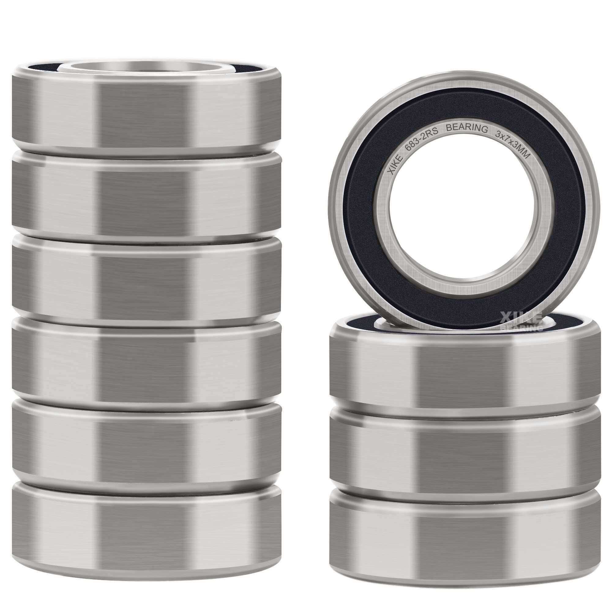 XIKE 10 Pcs 683-2RS Double Rubber Seal Bearings 3x7x3mm,Pre-lubricated and Stable Performance and Cost Effective,Deep Groove Ball Bearings