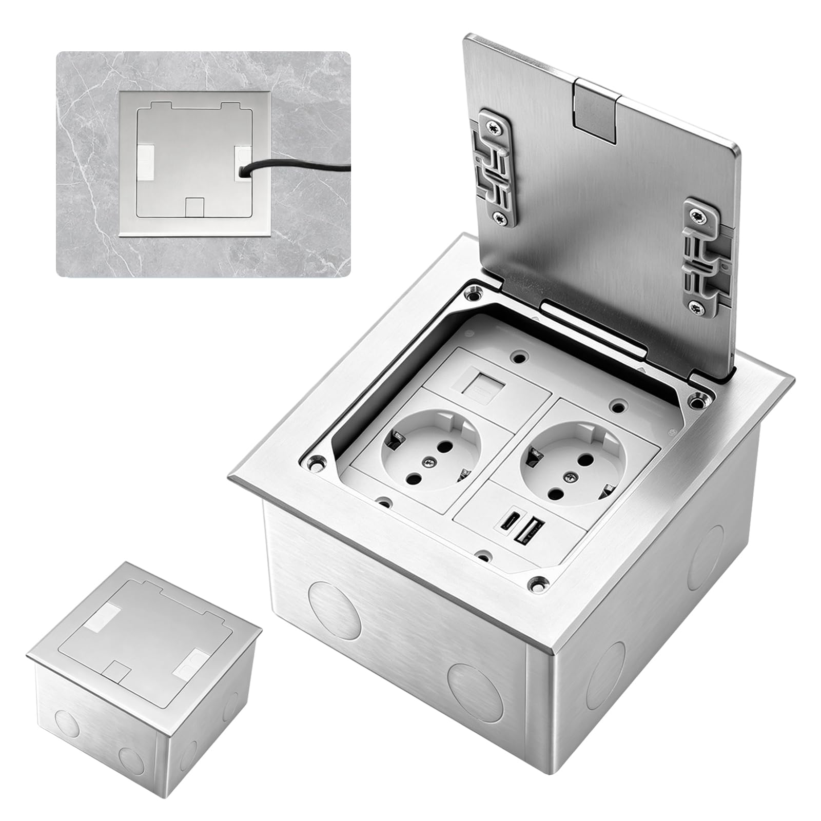 Boîte de Prise Encastrable au Sol, Prise Cachée Plate Encastrée 250V/16A avec 2 Prises EU et Connecteurs USB + Type C + CAT6, Prise de Courant Encastrée Étanche en Acier Inoxydable pour Maison, Hôtel