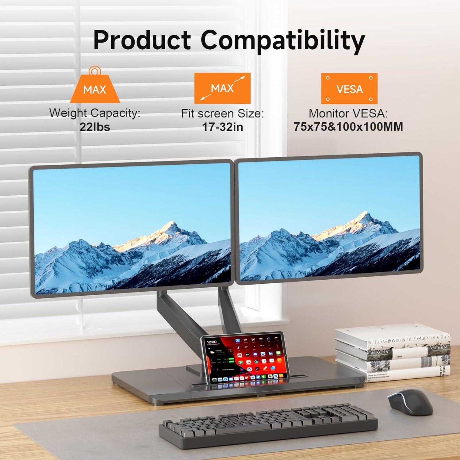 Pholiten Adjustable Dual Monitor Arms with Gas Spring for 17-32 inch Screens,Pneumatic Dual VESA Monitor Mount with Base,Freestanding Full Motion Dual Monitor Desk Stand Holds up to 22 lbs Each.
