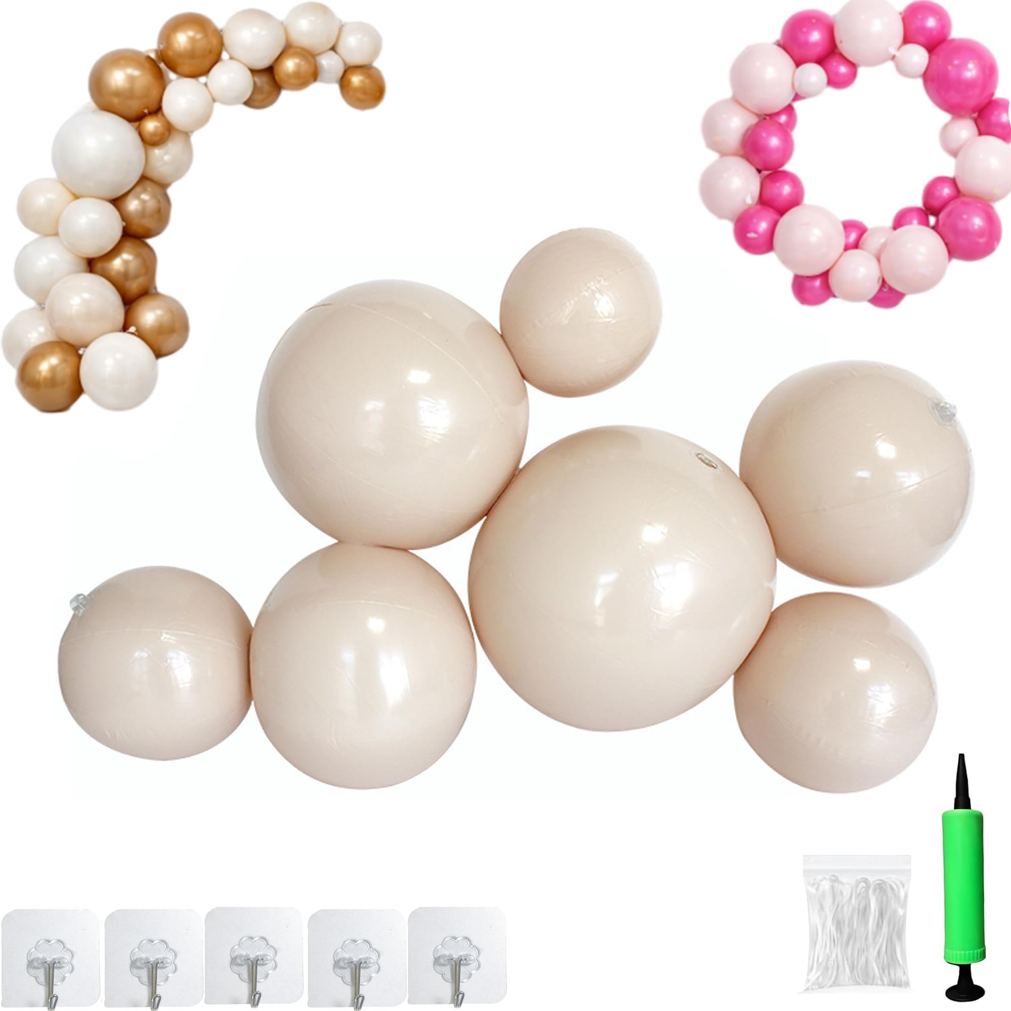 Reusable Inflatable Balloon Garland Arch Kit, 3/7 PCS Linked Pvc Balloons with Elastic Bands & Leak-proof Nozzle, Party Decoration for Birthdays, Weddings & Valentine's Day (7 Balls,Beige)