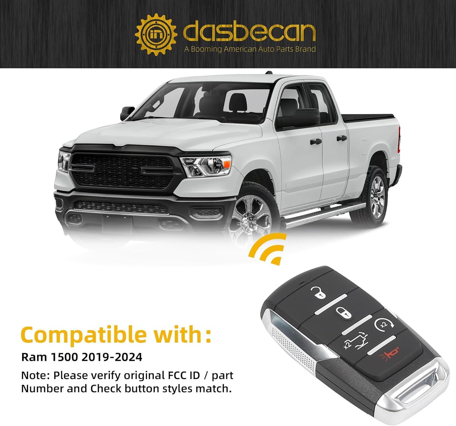 Dasbecan Smart Key Fob Replacement Keyless EntryRemote Control Compatible with Dodge Ram 1500 2019 2020 2021 2022 2023 2024 FCC ID: OHT-4882056 Replaces# 68291691AD 433Mhz 5 Buttons