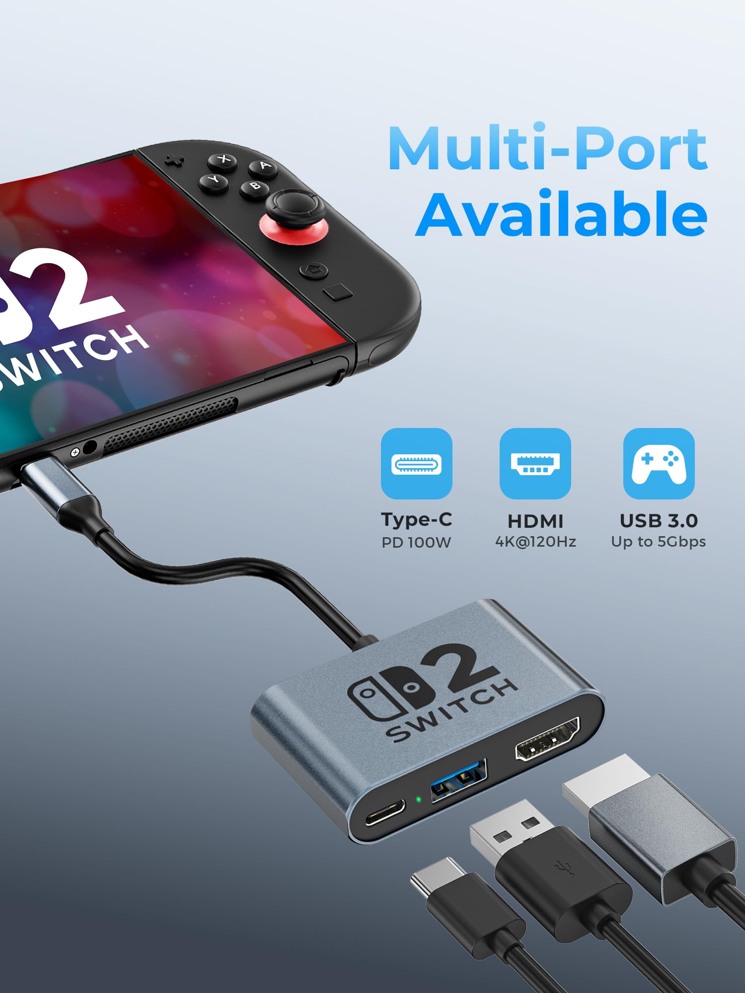 Switch 2 Dock,Portable USB C Docking Station with 4K@120Hz/PD 100W/USB 3.0 Port,Aluminum Alloy Travel TV Dock for Switch/Steam Deck/ROG Xbox Ally X/Legion Go 1/2/S - 4